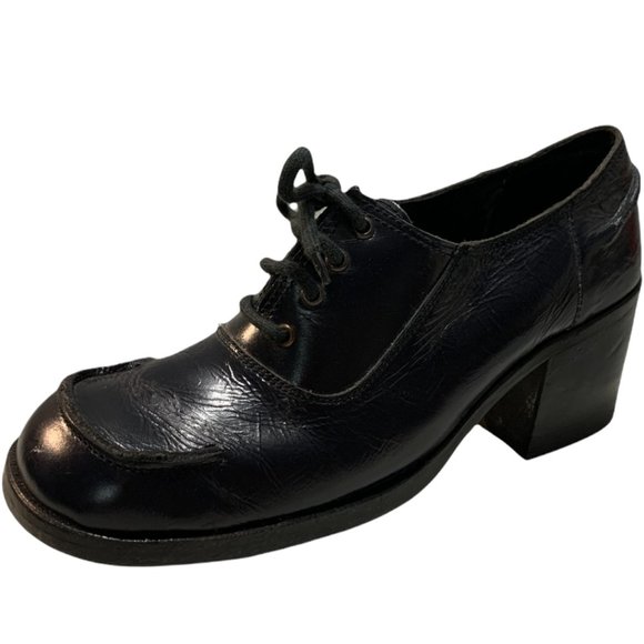 Vintage 1970s The Villager Brand Platform Women's Dark Blue Leather Shoe… - Picture 2 of 9